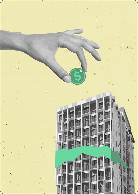 Hand reaching for a gold sphere against an urban skyline