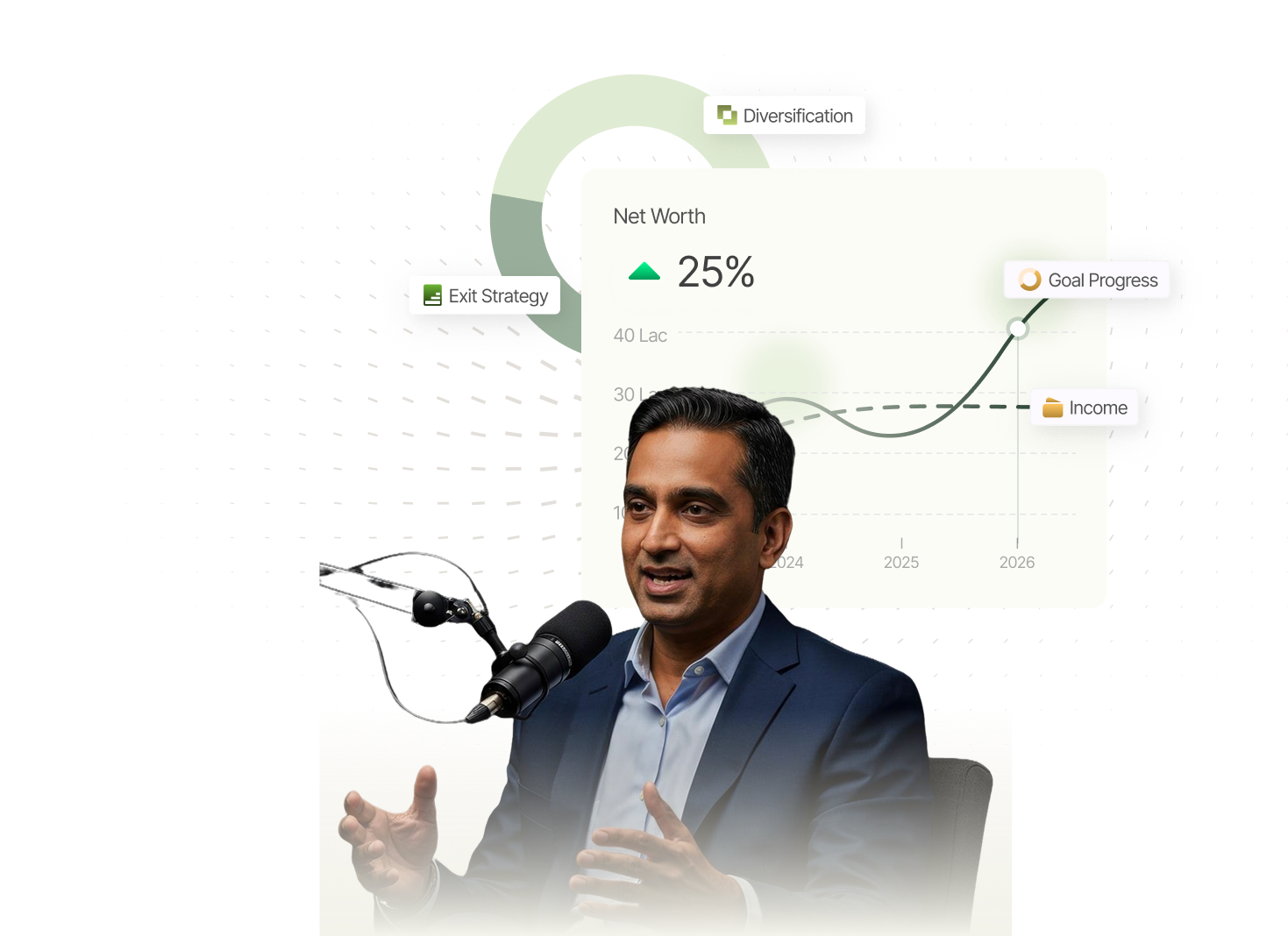 Individual reviewing a net worth dashboard after a liquidity event, showing growth, diversification, and goal progress