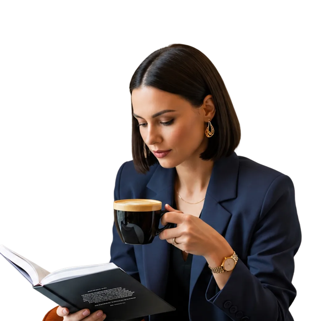 Capitalmind client reviewing her portfolio research over coffee