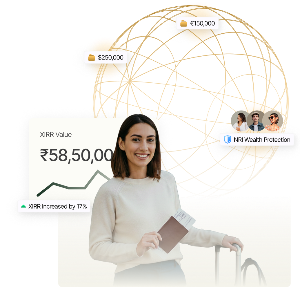 NRI investor holding a passport and boarding pass, with an XIRR value of ₹58,50,000, 17% XIRR increase, NRI wealth protection, and global currency holdings across dollars, euros, and pounds