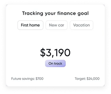 Finance goal tracker card showing progress toward a first home savings target