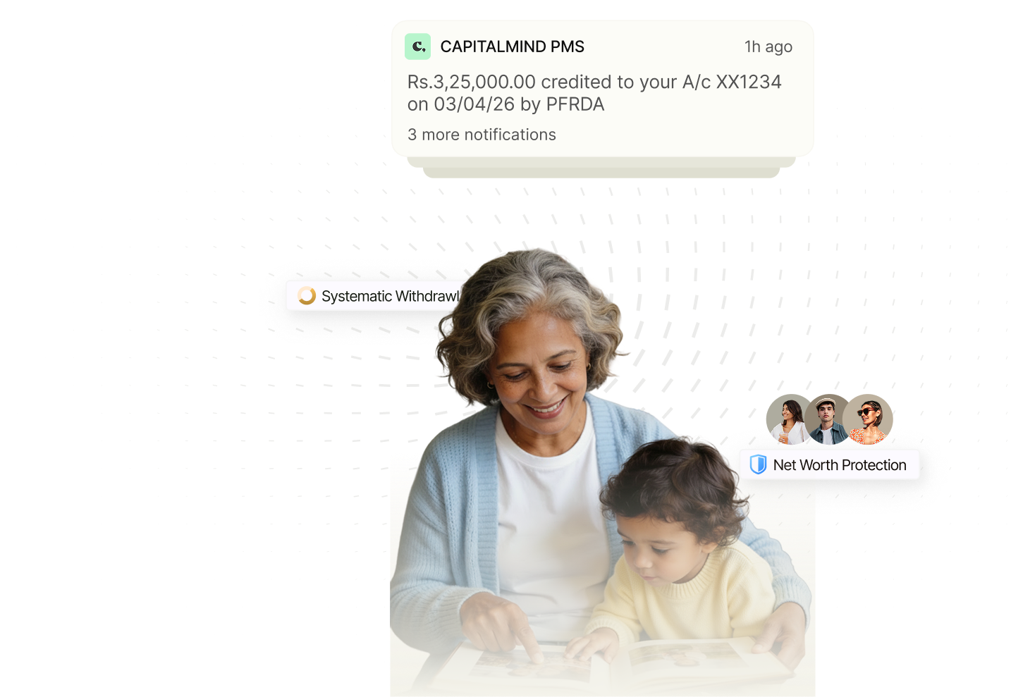 Grandmother spending time with her grandchild, with notifications for a pension credit, systematic withdrawal, and net worth protection